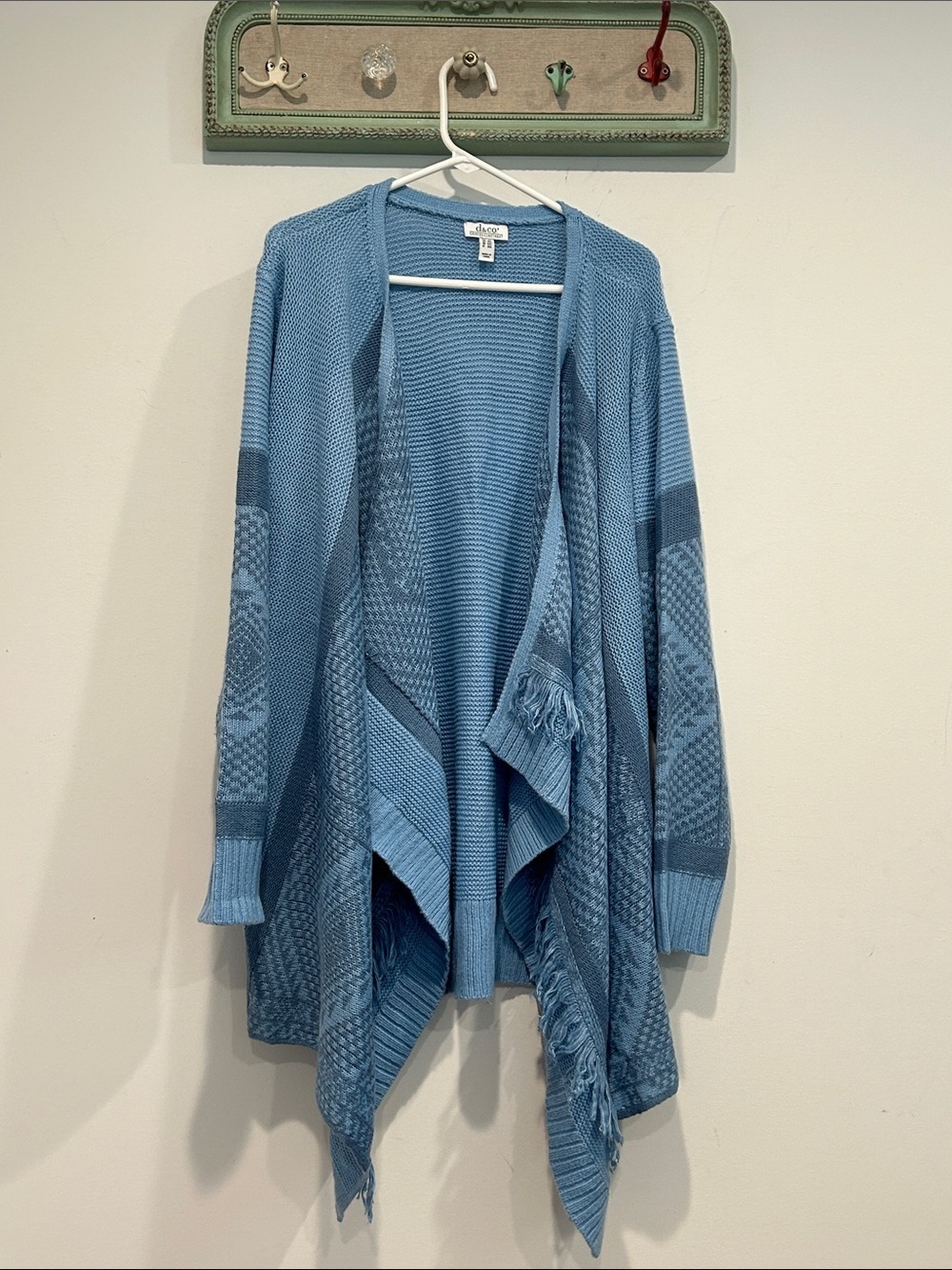 Denim & Co. Canyon Retreat Drape Front Sweater Cardigan Fringe pastel blue XXXL